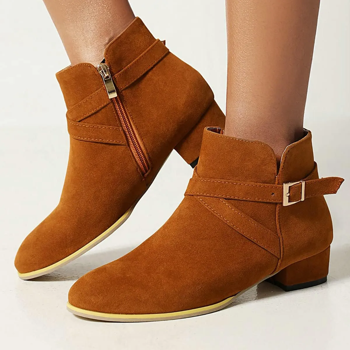 Uniquelly Womens Chunky Heel Ankle Boots Round Toe Low Heel Booties Side Zipper Cross Buckle Decoration Fashion Winter Shoes Ladies