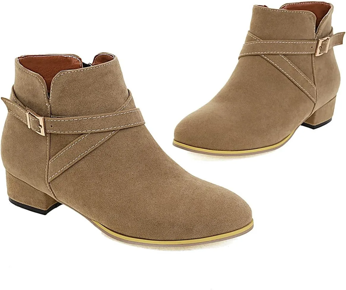Uniquelly Womens Chunky Heel Ankle Boots Round Toe Low Heel Booties Side Zipper Cross Buckle Decoration Fashion Winter Shoes Ladies