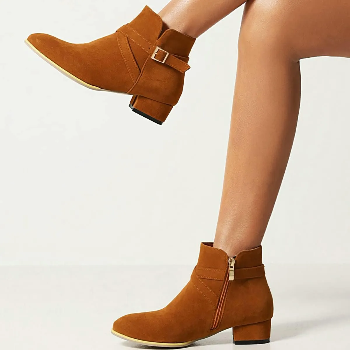 Uniquelly Womens Chunky Heel Ankle Boots Round Toe Low Heel Booties Side Zipper Cross Buckle Decoration Fashion Winter Shoes Ladies