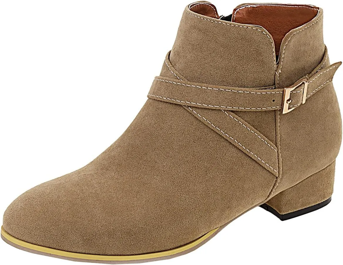 Uniquelly Womens Chunky Heel Ankle Boots Round Toe Low Heel Booties Side Zipper Cross Buckle Decoration Fashion Winter Shoes Ladies