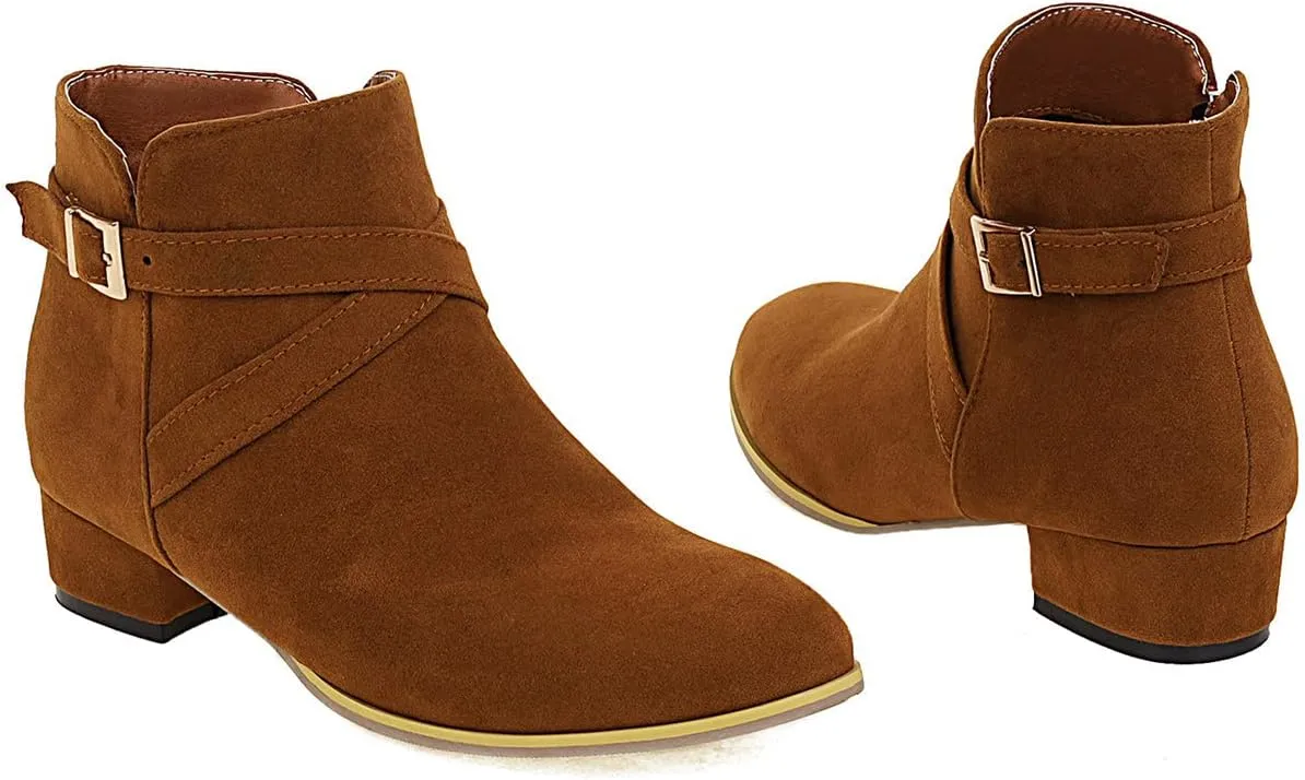Uniquelly Womens Chunky Heel Ankle Boots Round Toe Low Heel Booties Side Zipper Cross Buckle Decoration Fashion Winter Shoes Ladies
