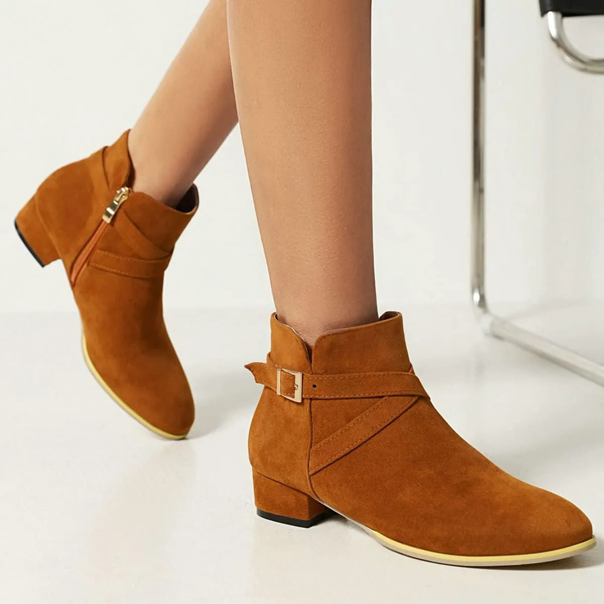 Uniquelly Womens Chunky Heel Ankle Boots Round Toe Low Heel Booties Side Zipper Cross Buckle Decoration Fashion Winter Shoes Ladies