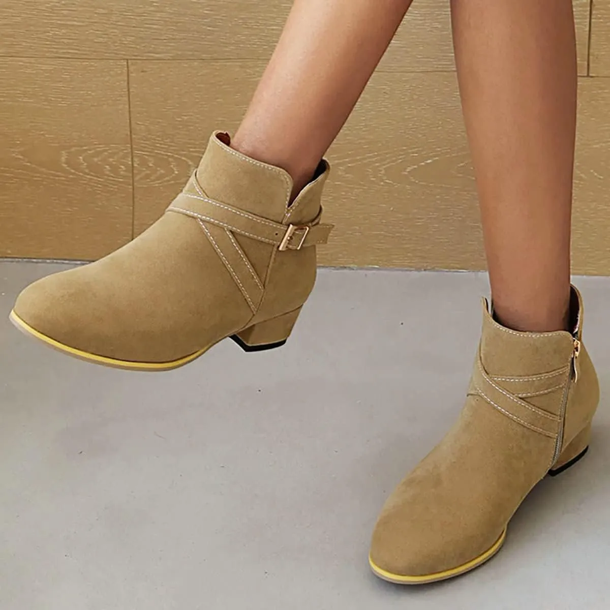 Uniquelly Womens Chunky Heel Ankle Boots Round Toe Low Heel Booties Side Zipper Cross Buckle Decoration Fashion Winter Shoes Ladies