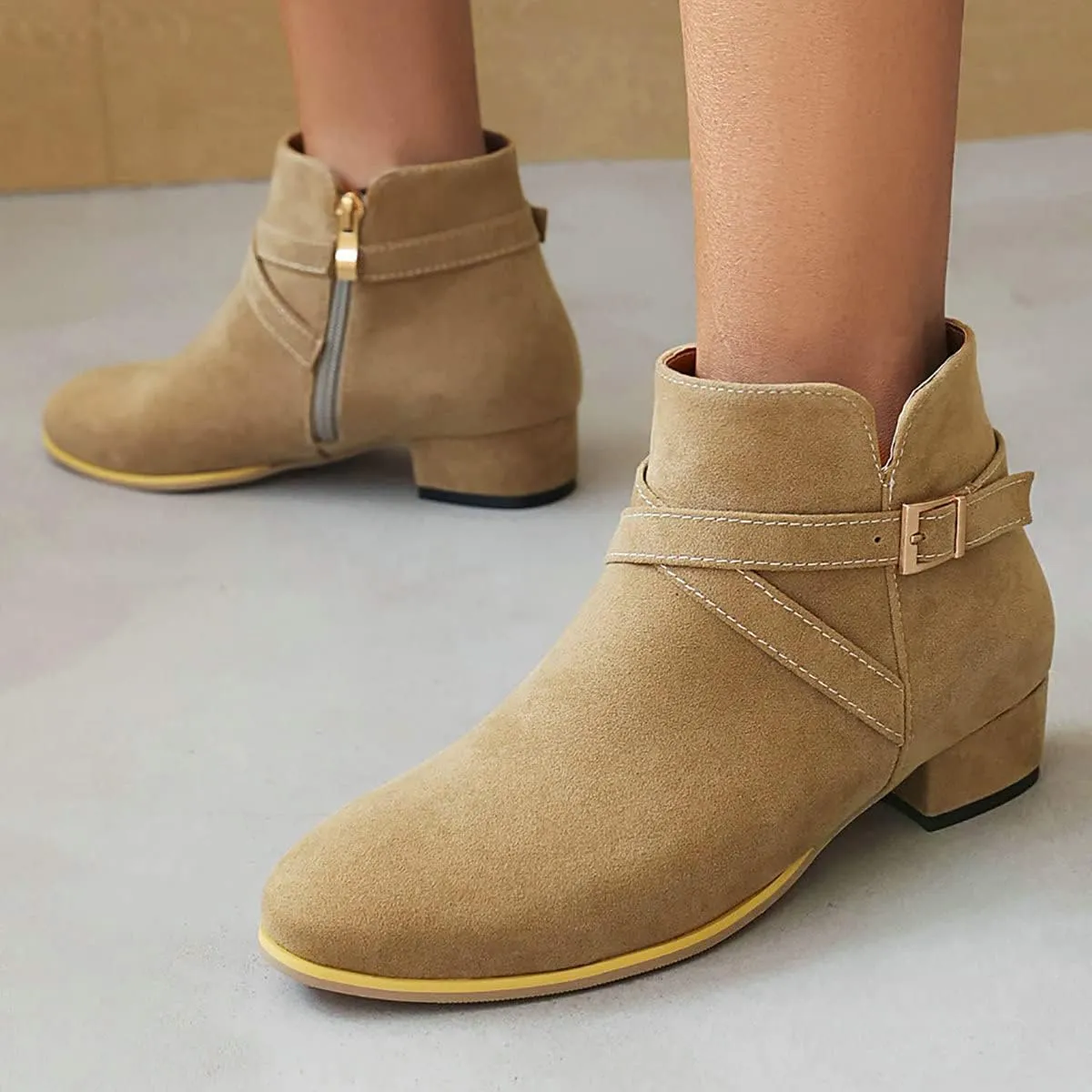 Uniquelly Womens Chunky Heel Ankle Boots Round Toe Low Heel Booties Side Zipper Cross Buckle Decoration Fashion Winter Shoes Ladies