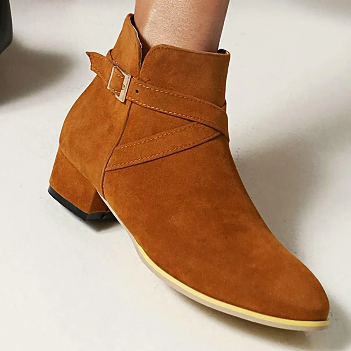 Uniquelly Womens Chunky Heel Ankle Boots Round Toe Low Heel Booties Side Zipper Cross Buckle Decoration Fashion Winter Shoes Ladies