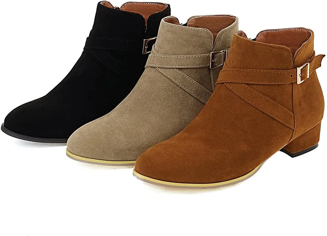 Uniquelly Womens Chunky Heel Ankle Boots Round Toe Low Heel Booties Side Zipper Cross Buckle Decoration Fashion Winter Shoes Ladies