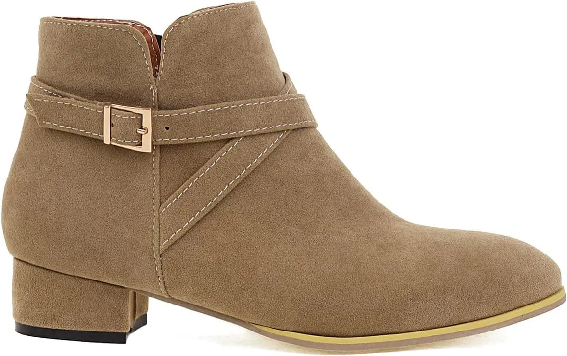 Uniquelly Womens Chunky Heel Ankle Boots Round Toe Low Heel Booties Side Zipper Cross Buckle Decoration Fashion Winter Shoes Ladies