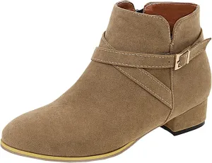 Uniquelly Womens Chunky Heel Ankle Boots Round Toe Low Heel Booties Side Zipper Cross Buckle Decoration Fashion Winter Shoes Ladies