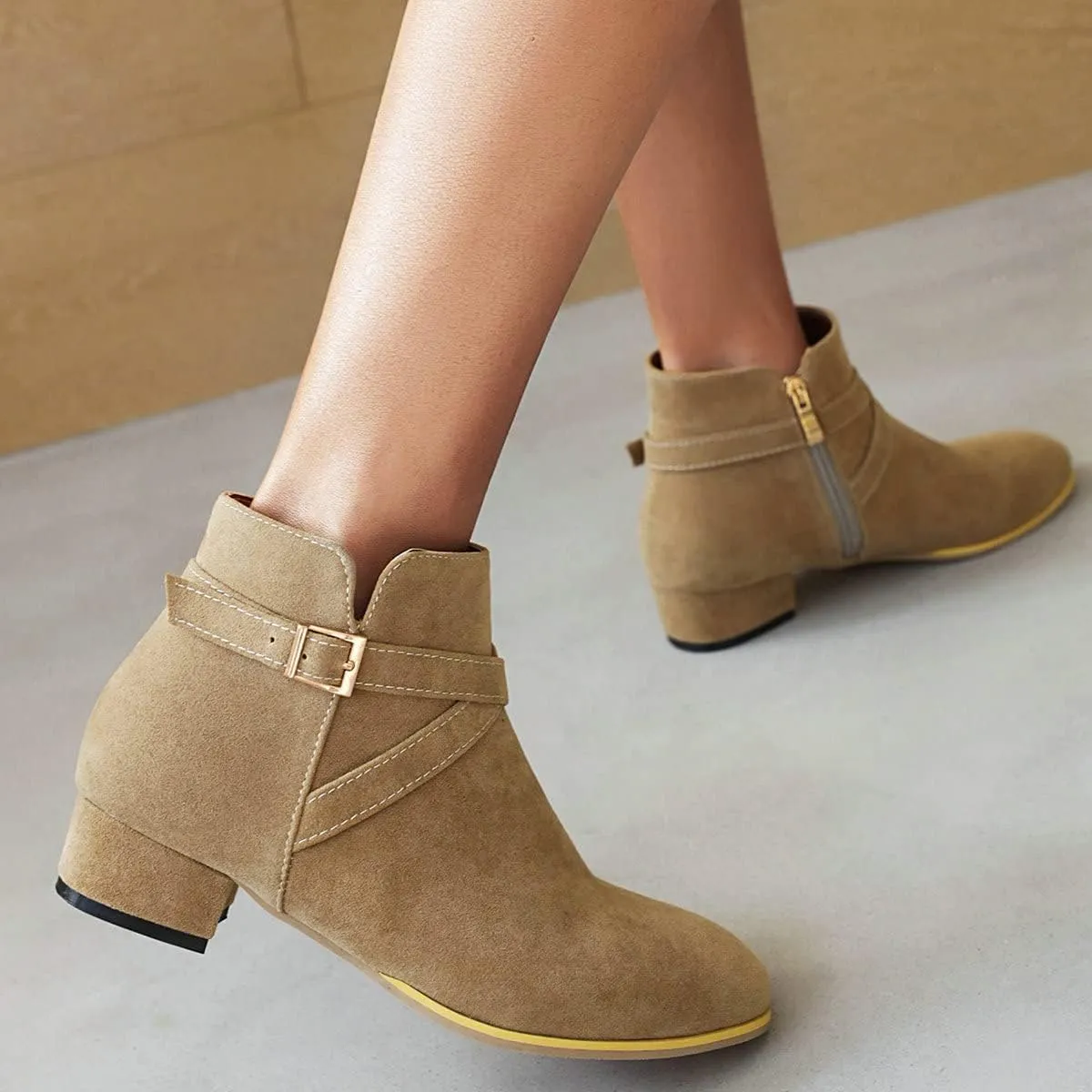 Uniquelly Womens Chunky Heel Ankle Boots Round Toe Low Heel Booties Side Zipper Cross Buckle Decoration Fashion Winter Shoes Ladies