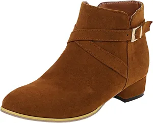 Uniquelly Womens Chunky Heel Ankle Boots Round Toe Low Heel Booties Side Zipper Cross Buckle Decoration Fashion Winter Shoes Ladies