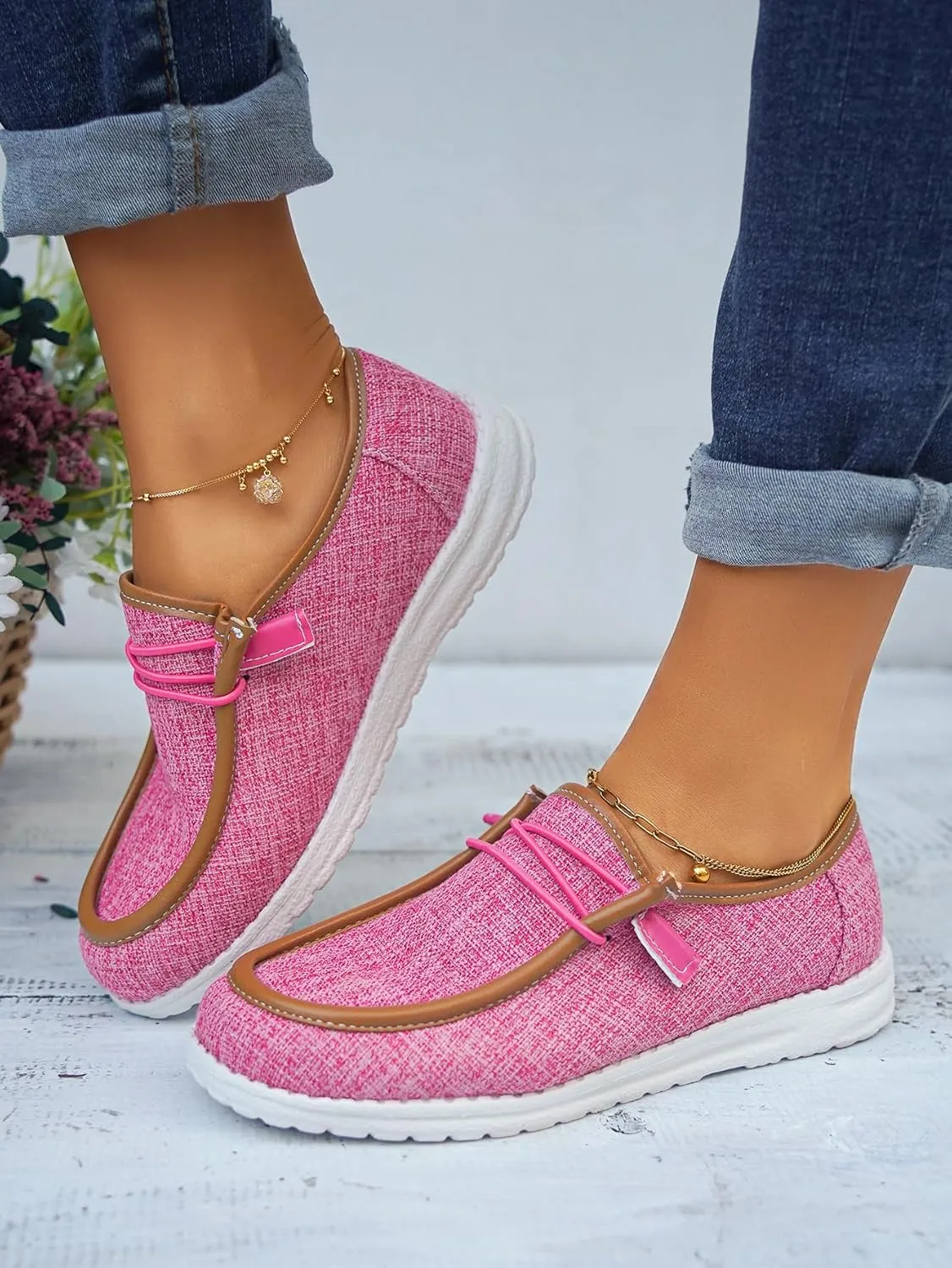 Unisex-Adult Comfort Canvas Loafers Sneakers Lightweight Boat Shoes Easy Slip-On Deck Shoes Lace-Up Non-Slip Flat Drving Shoes Breathable Walking Shoes for Men Women, Pink/Grey/Black