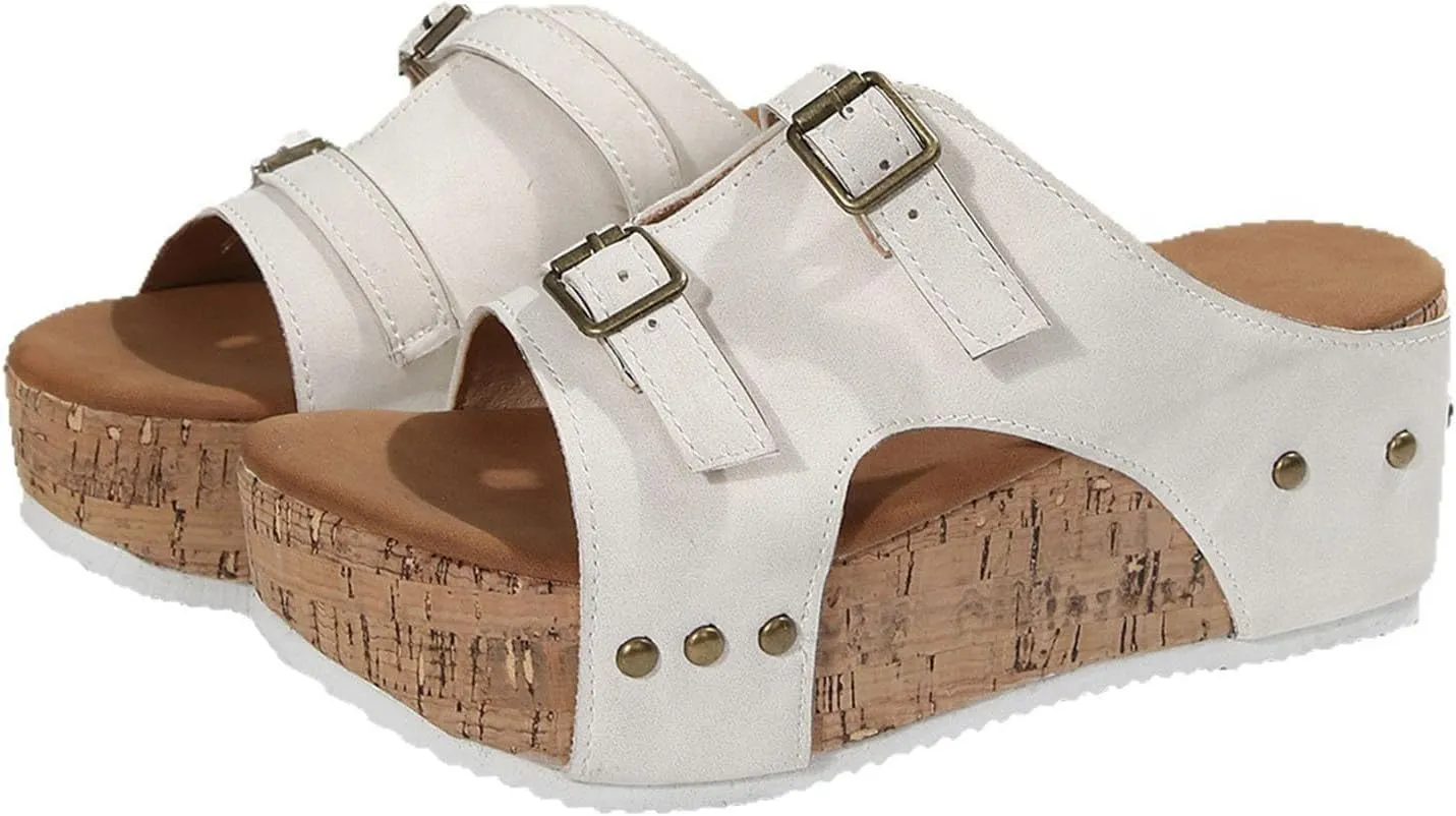 Wedges Heels Platforms for Women Open Toe Adjustable Buckle Slip On Slides Cutout Comfortable Summer Shoes Arch Fit