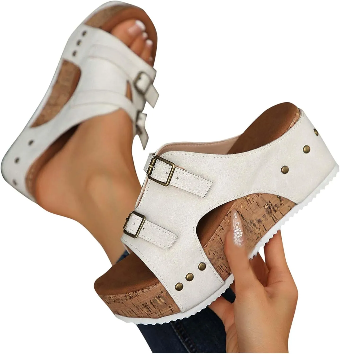 Wedges Heels Platforms for Women Open Toe Adjustable Buckle Slip On Slides Cutout Comfortable Summer Shoes Arch Fit