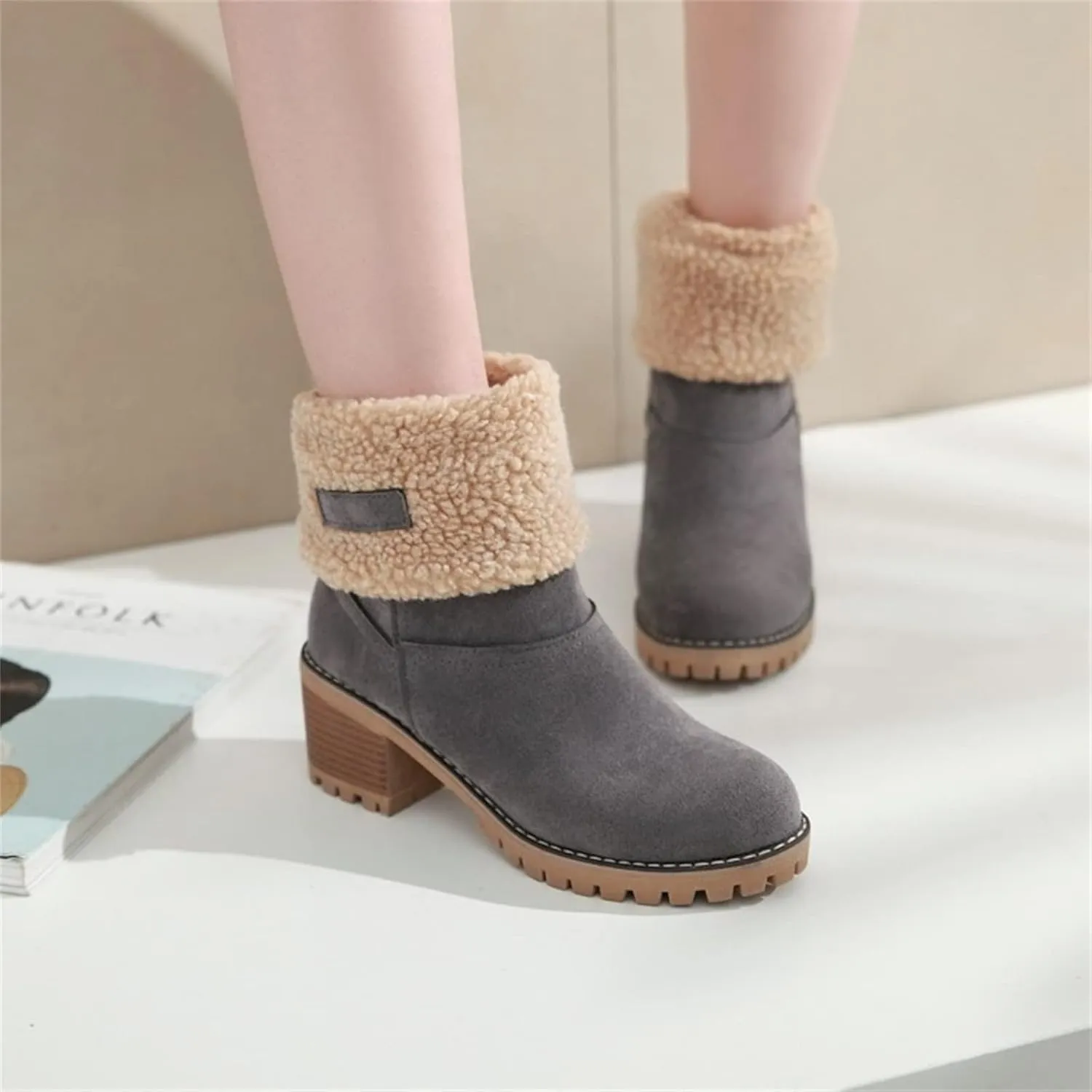 Winter Boots For Women Fashion Snow Boots Fur Lined Warm Mid Calf Boots Outdoor Anti-Slip Warm Shoes Ankle Booties