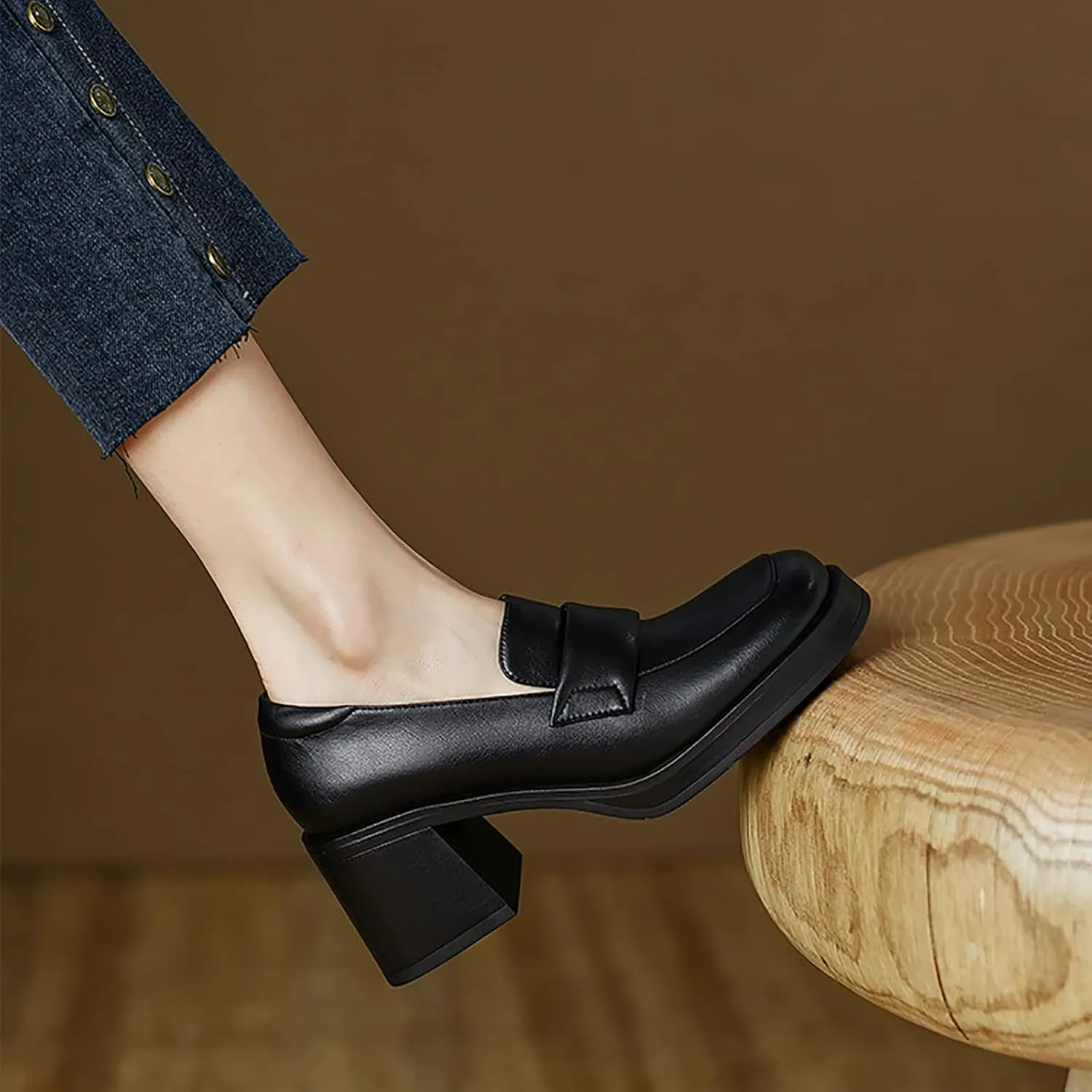 Women Chunky Loafers, Comfort Slip-on Loafers for Women Mid Chunky Heel Loafers Square Toe Slip On Office Uniform Shoes