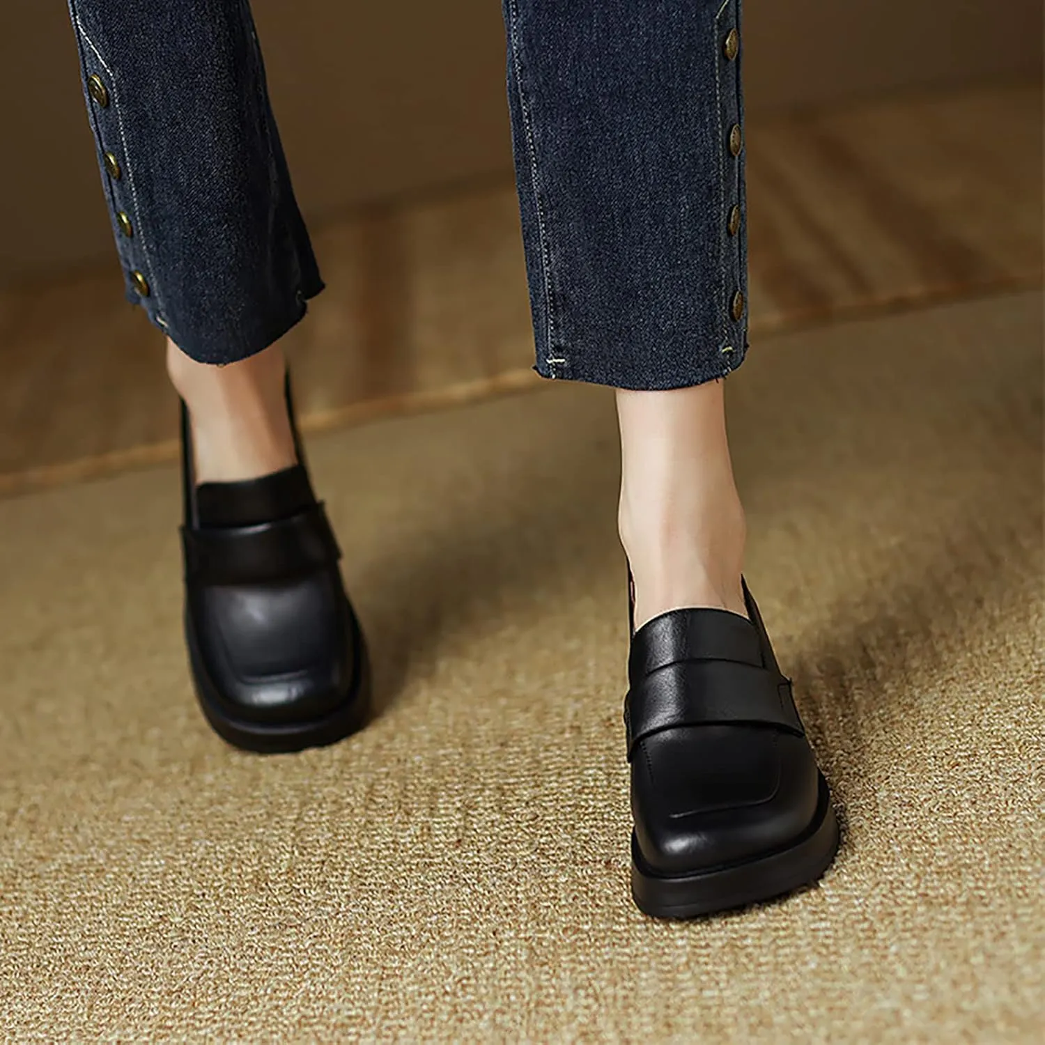 Women Chunky Loafers, Comfort Slip-on Loafers for Women Mid Chunky Heel Loafers Square Toe Slip On Office Uniform Shoes