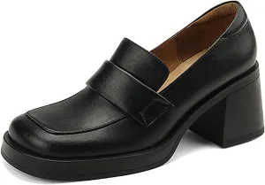 Women Chunky Loafers, Comfort Slip-on Loafers for Women Mid Chunky Heel Loafers Square Toe Slip On Office Uniform Shoes