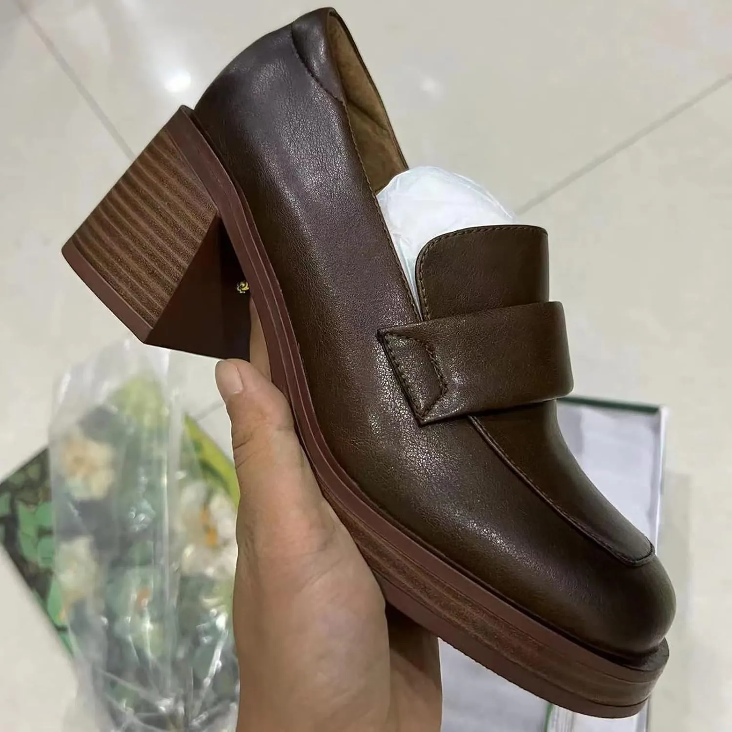 Women Chunky Loafers, Comfort Slip-on Loafers for Women Mid Chunky Heel Loafers Square Toe Slip On Office Uniform Shoes