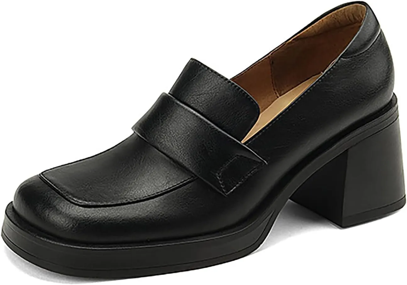 Women Chunky Loafers, Comfort Slip-on Loafers for Women Mid Chunky Heel Loafers Square Toe Slip On Office Uniform Shoes
