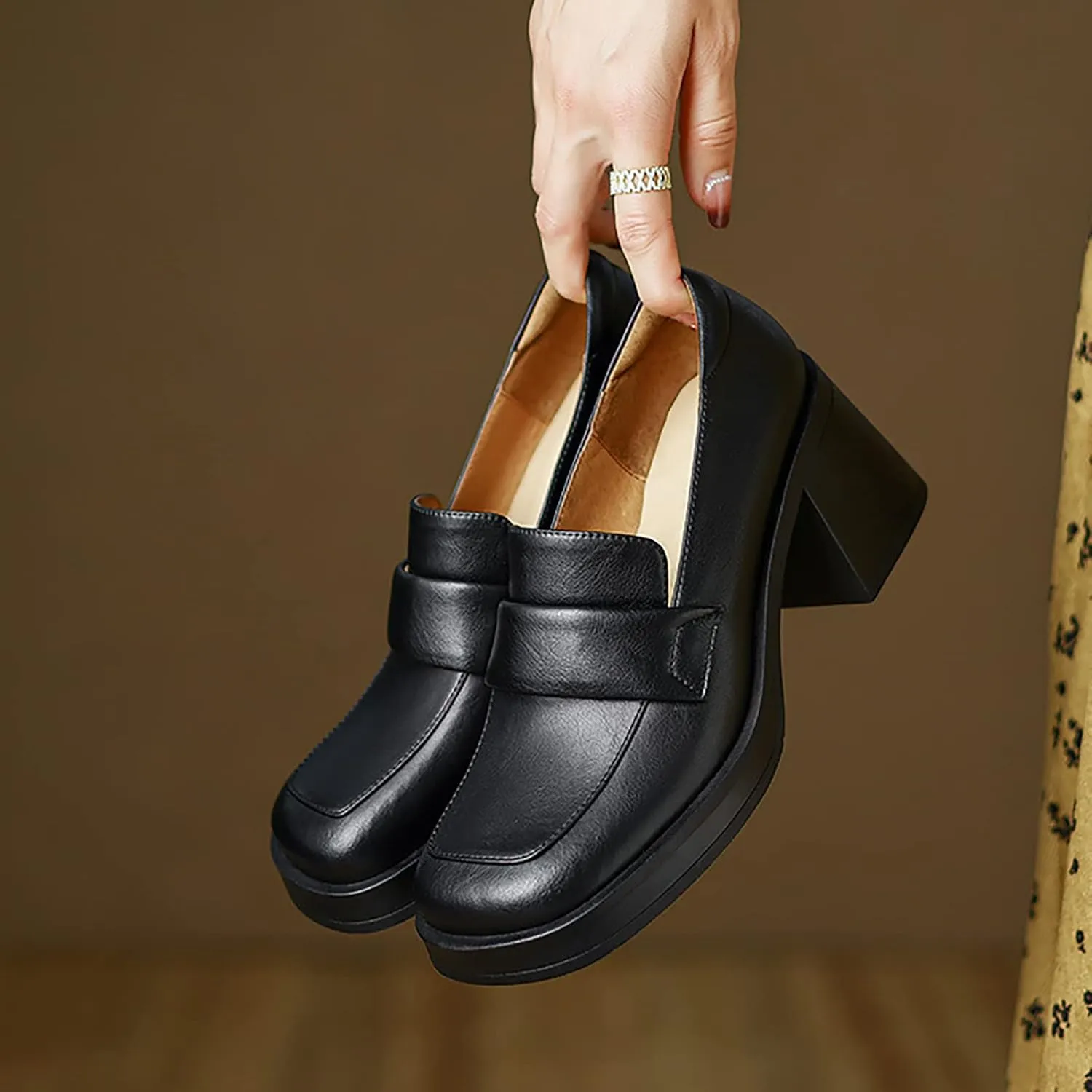 Women Chunky Loafers, Comfort Slip-on Loafers for Women Mid Chunky Heel Loafers Square Toe Slip On Office Uniform Shoes