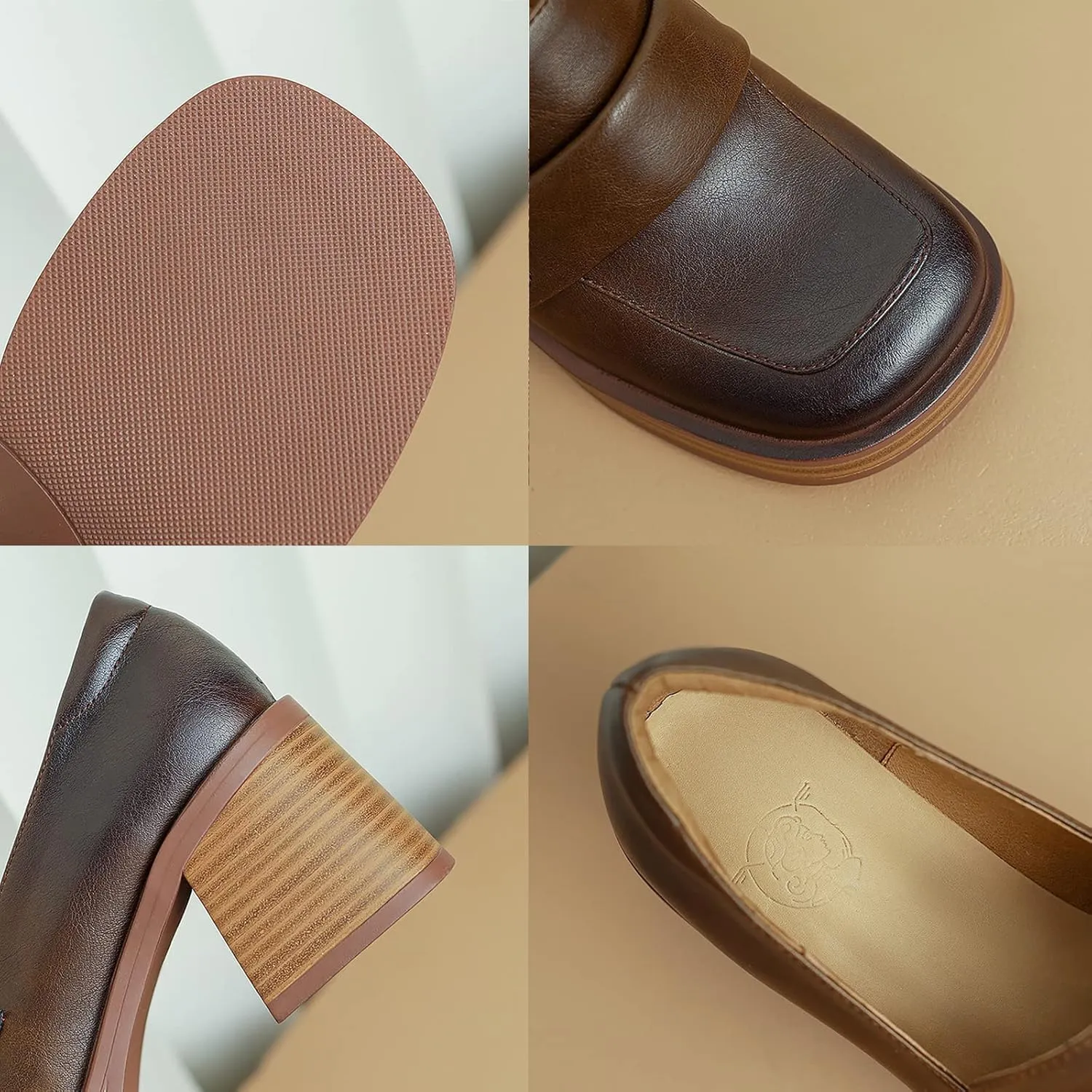 Women Chunky Loafers, Comfort Slip-on Loafers for Women Mid Chunky Heel Loafers Square Toe Slip On Office Uniform Shoes