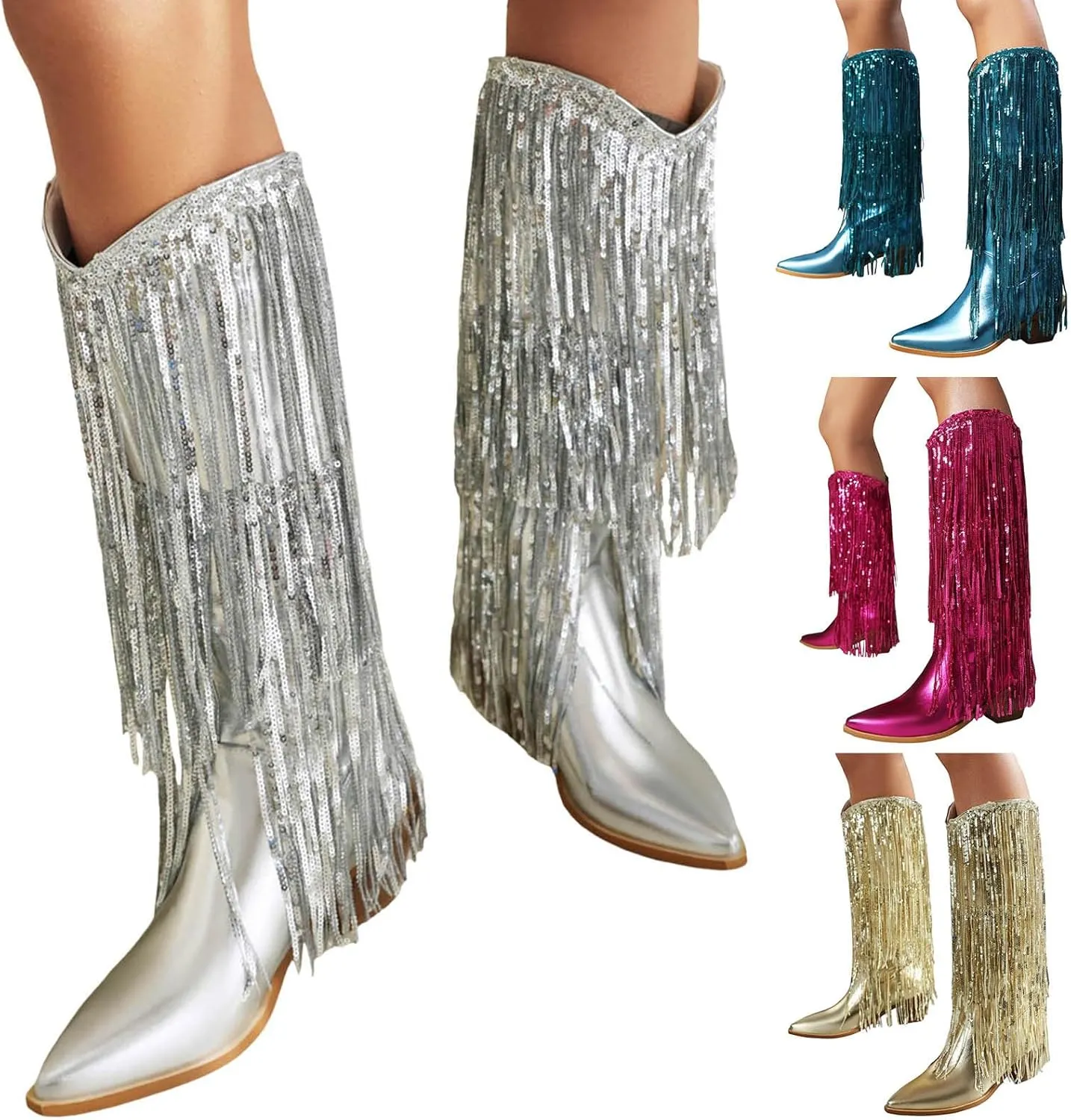 Women Mid Calf Boots Fashionable New Pattern Tassel Decoration Pointed Thick Heel Non Boots Womens Mid Calf with Heel