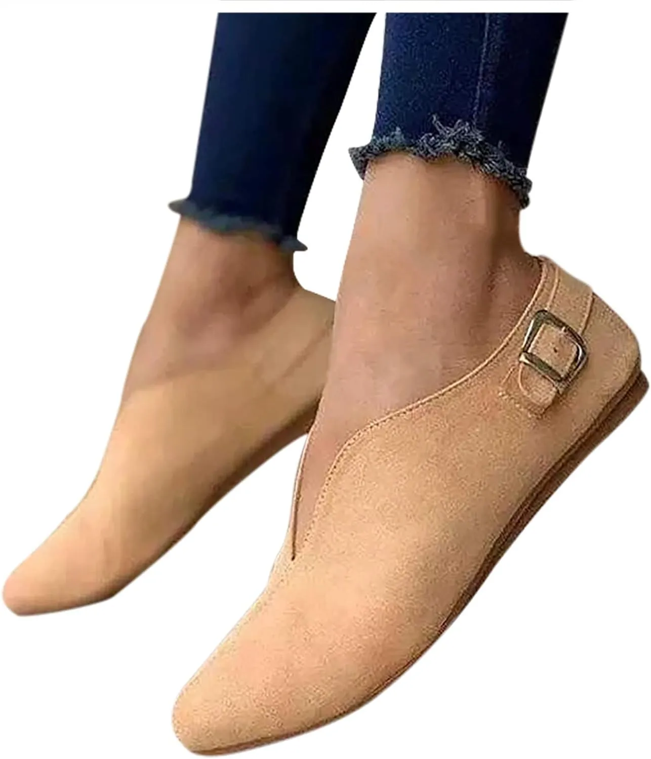 Women Pointed Toe Single Shoes Suede Flock Casual Flats Buckle Strap Loafers Shoes