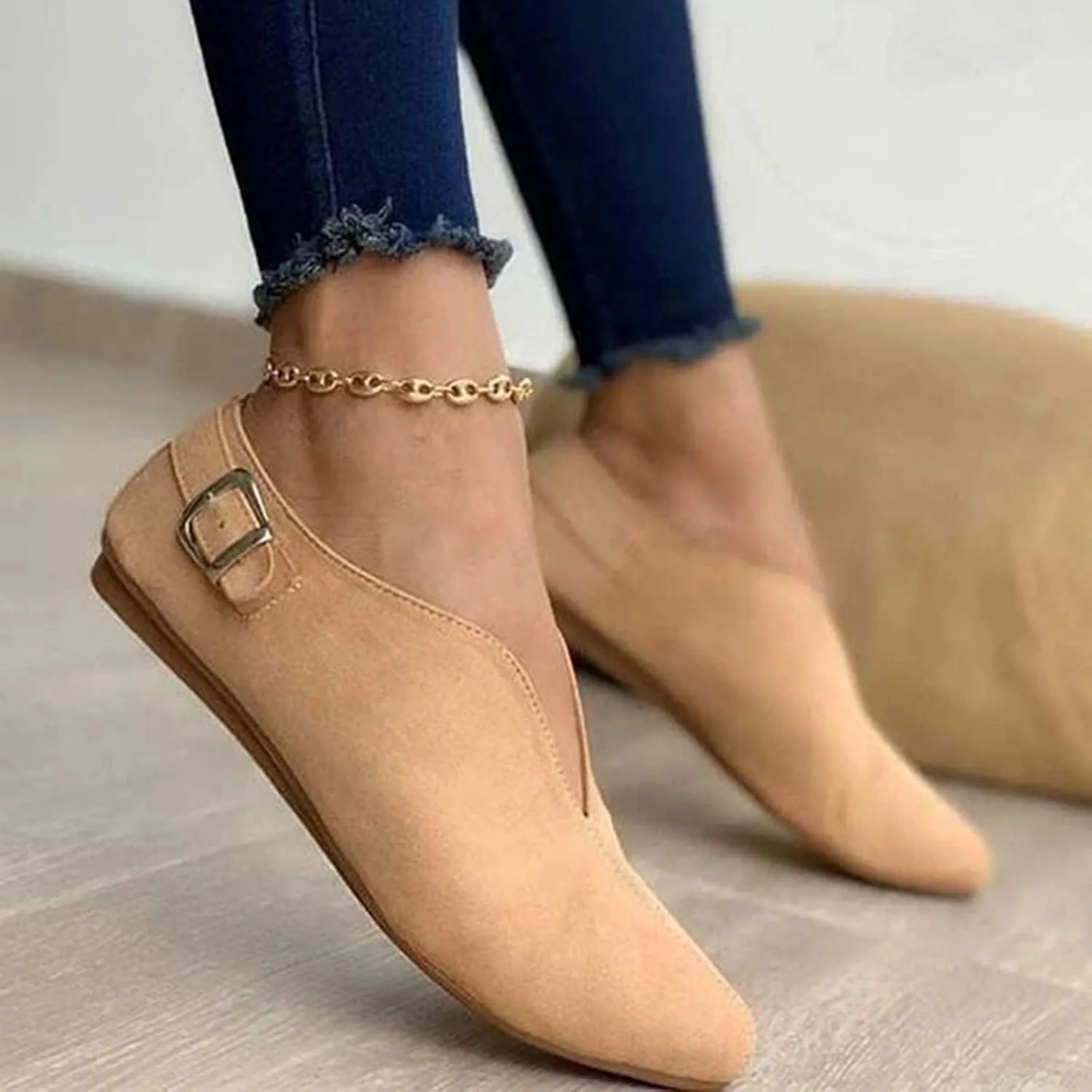 Women Pointed Toe Single Shoes Suede Flock Casual Flats Buckle Strap Loafers Shoes
