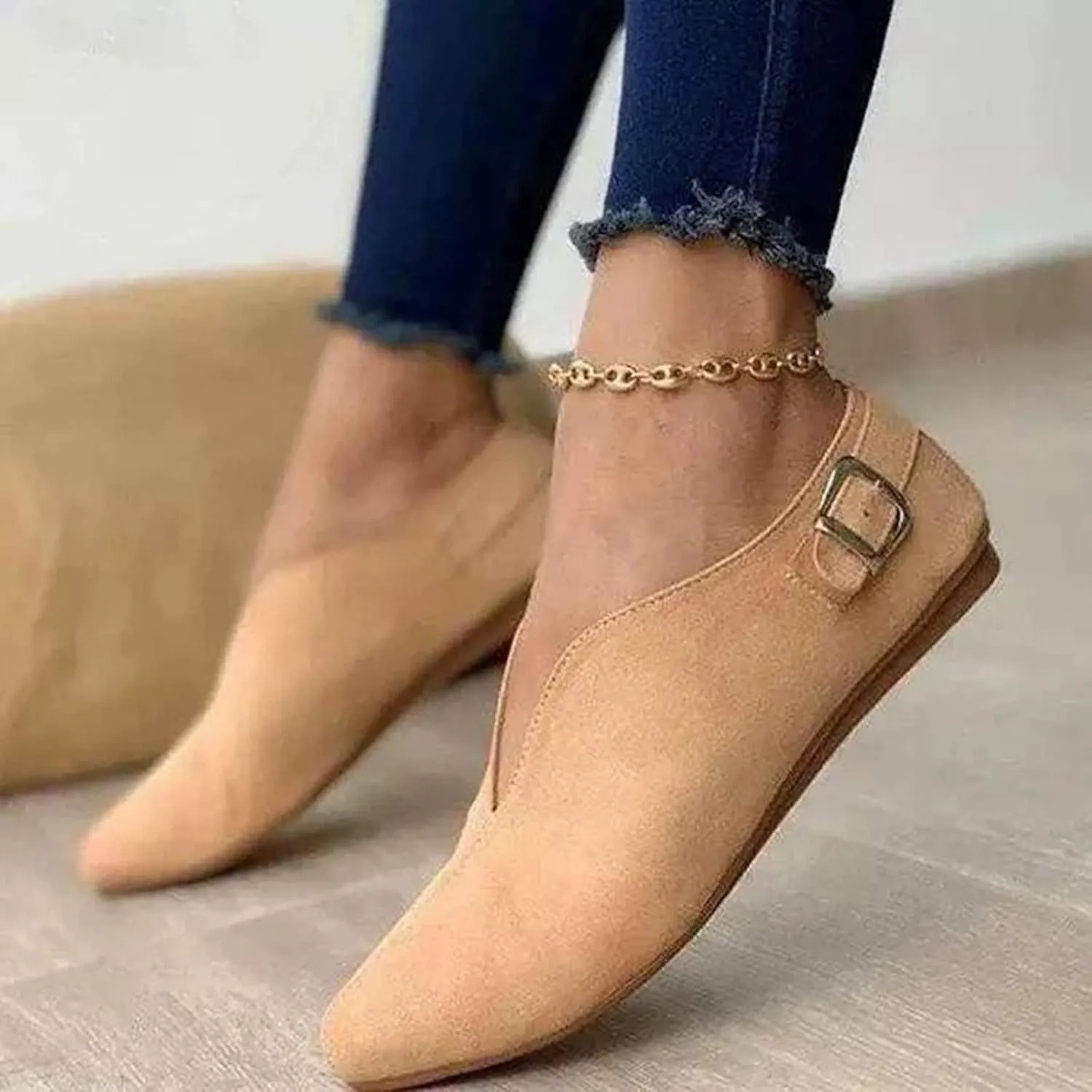Women Pointed Toe Single Shoes Suede Flock Casual Flats Buckle Strap Loafers Shoes