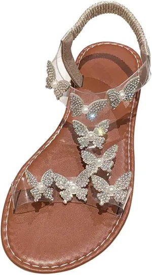 Women Rhinestone Butterfly Embellished Sandals Solid Perspective Strappy Summer Shoe High Elastic Ankle Strap Sandal