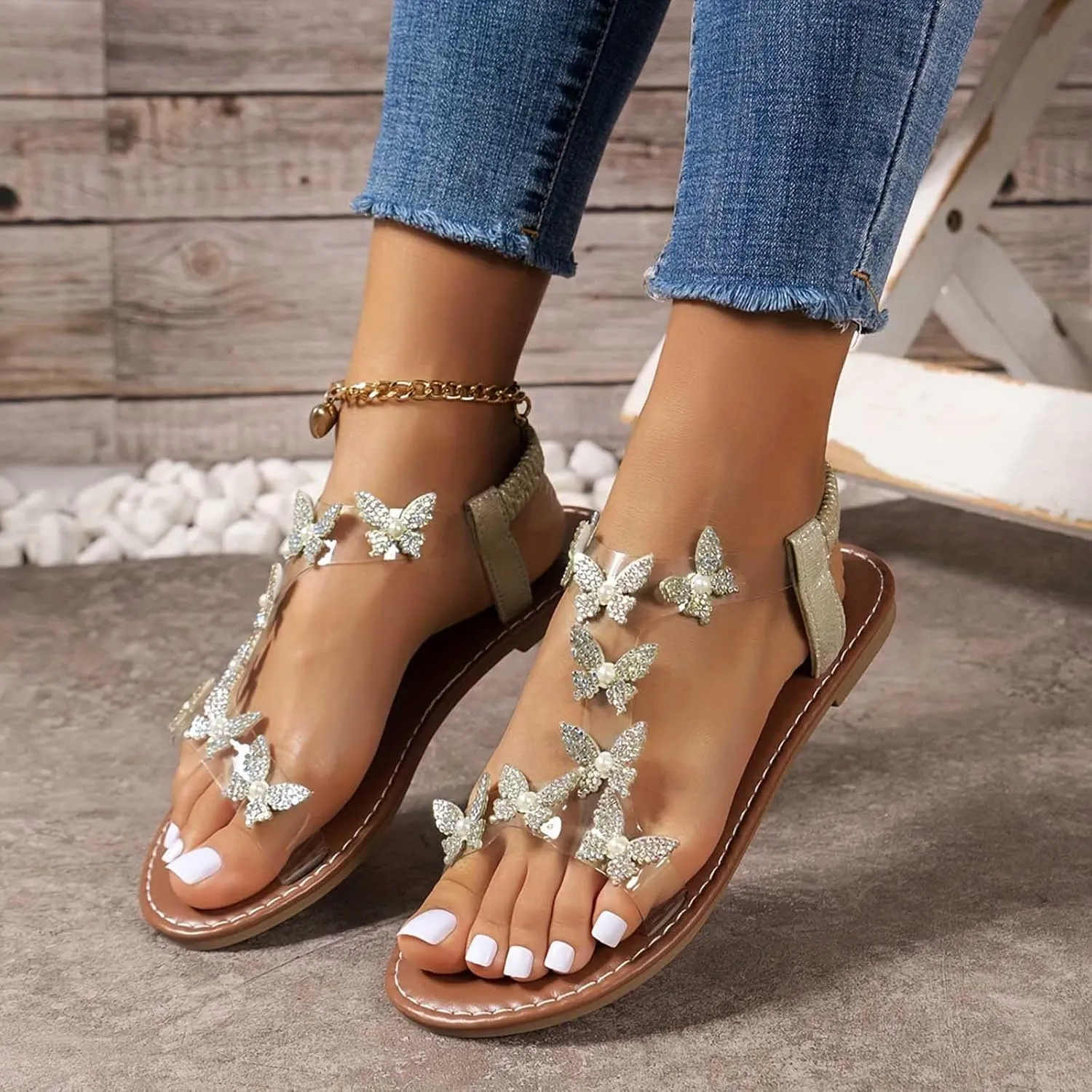 Women Rhinestone Butterfly Embellished Sandals Solid Perspective Strappy Summer Shoe High Elastic Ankle Strap Sandal