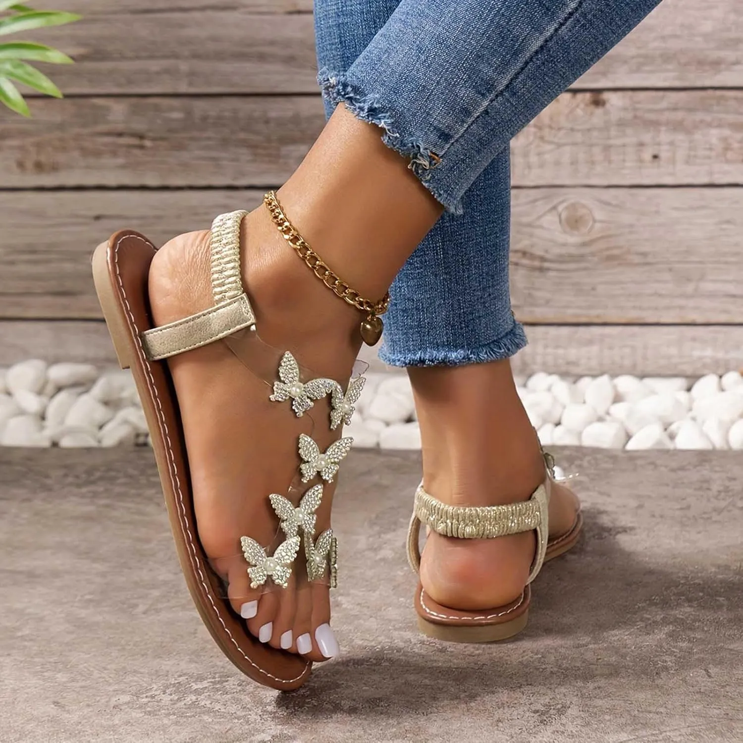 Women Rhinestone Butterfly Embellished Sandals Solid Perspective Strappy Summer Shoe High Elastic Ankle Strap Sandal