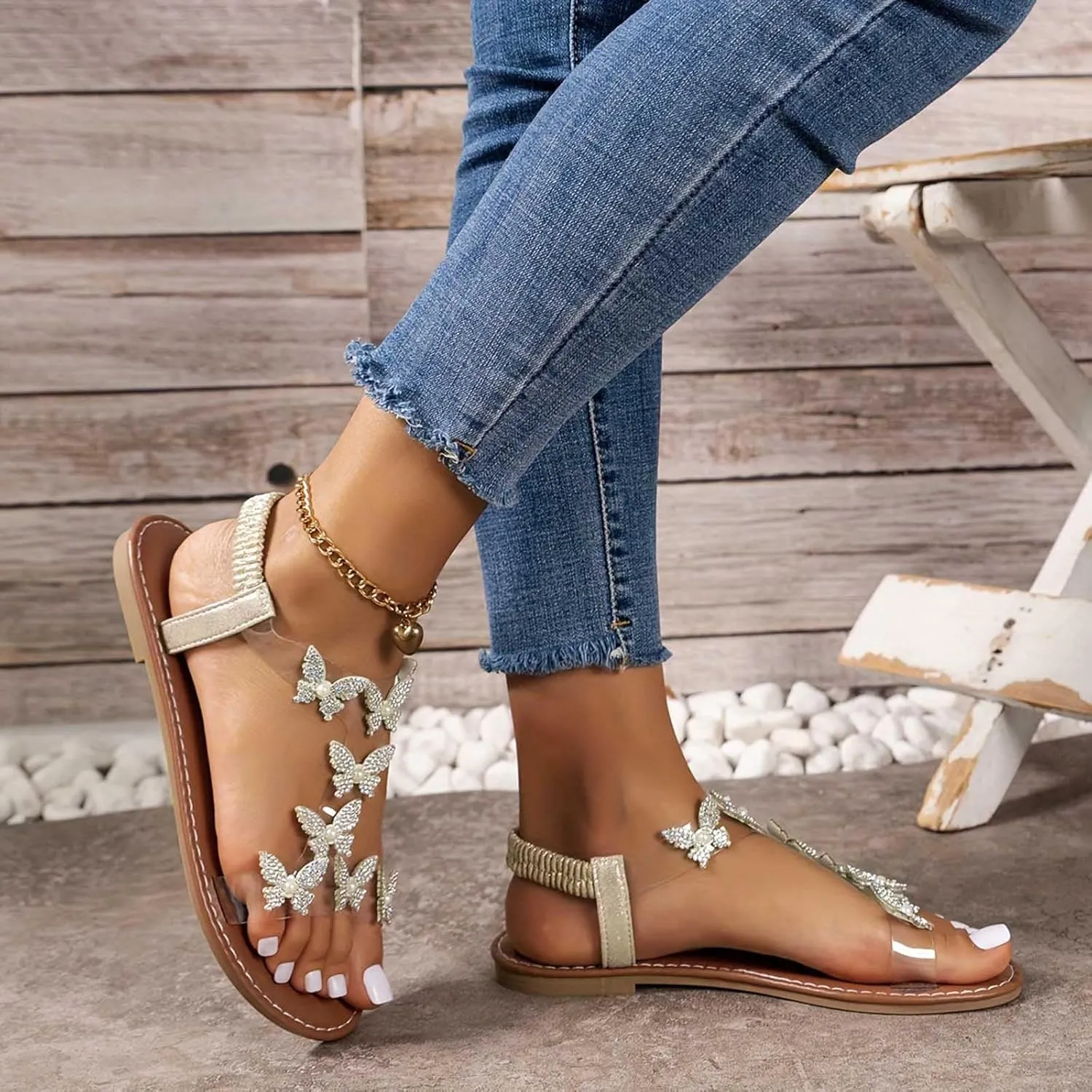 Women Rhinestone Butterfly Embellished Sandals Solid Perspective Strappy Summer Shoe High Elastic Ankle Strap Sandal
