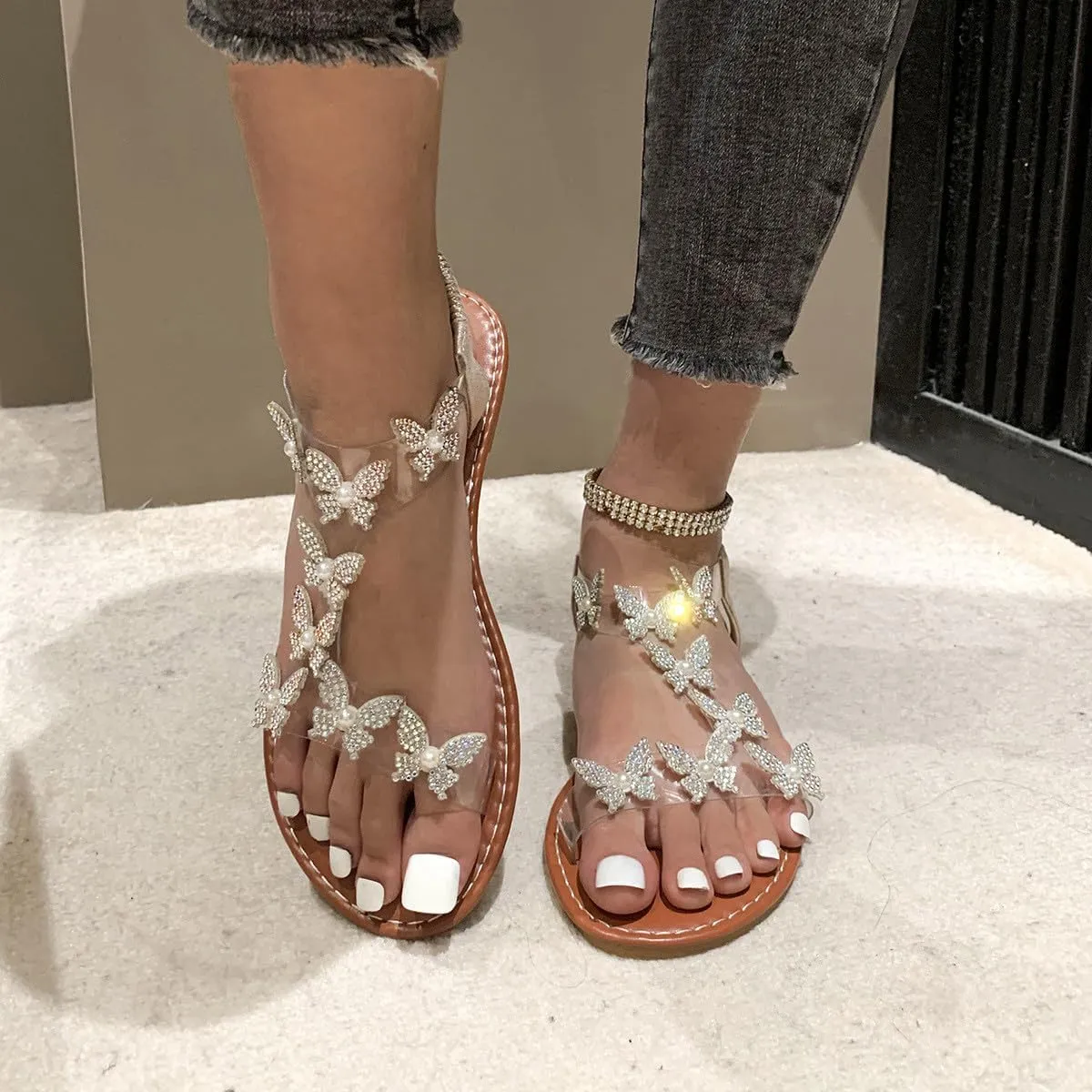 Women Rhinestone Butterfly Embellished Sandals Solid Perspective Strappy Summer Shoe High Elastic Ankle Strap Sandal