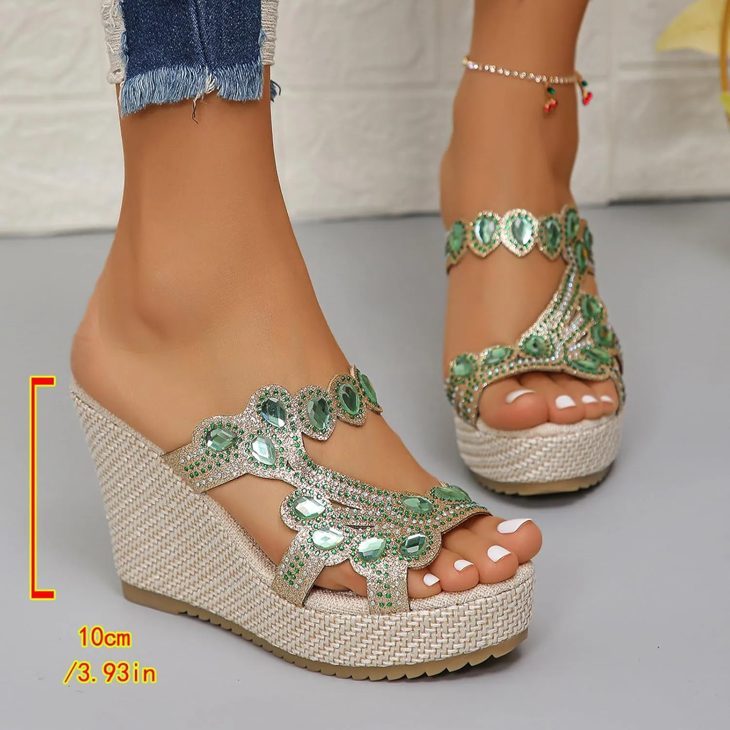 Women Rhinestone Wedge Sandals Summer Bohemian Open Toe High Platform Slides Slip on Beach Sandals Casual Dress Shoes