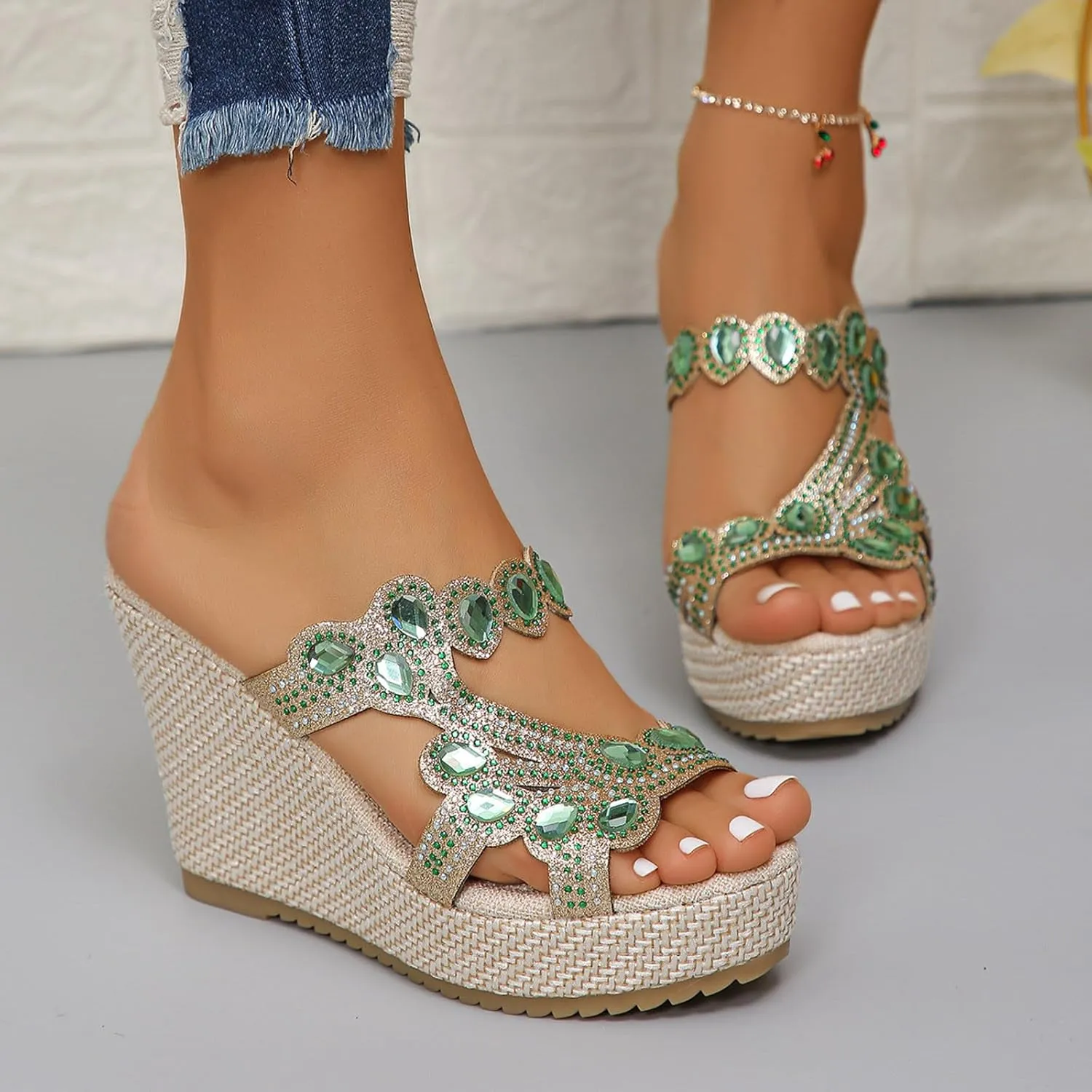 Women Rhinestone Wedge Sandals Summer Bohemian Open Toe High Platform Slides Slip on Beach Sandals Casual Dress Shoes