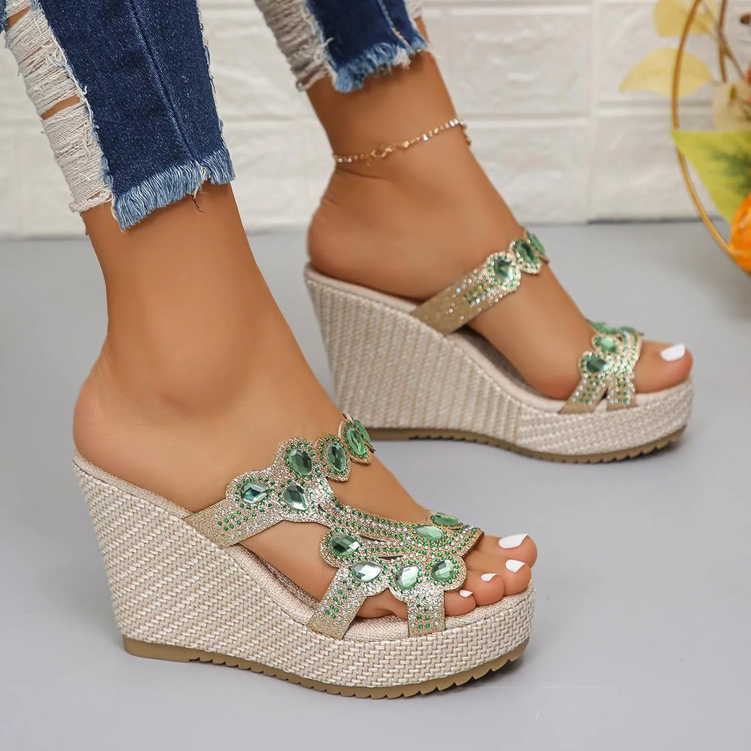 Women Rhinestone Wedge Sandals Summer Bohemian Open Toe High Platform Slides Slip on Beach Sandals Casual Dress Shoes