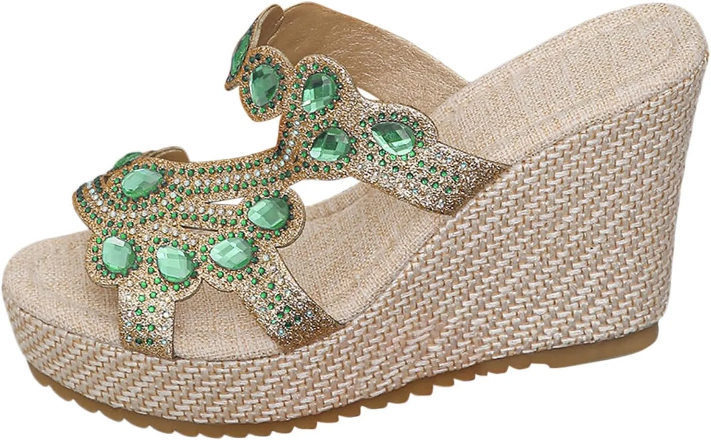 Women Rhinestone Wedge Sandals Summer Bohemian Open Toe High Platform Slides Slip on Beach Sandals Casual Dress Shoes