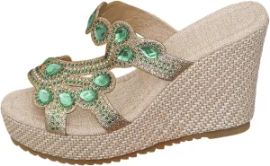 Women Rhinestone Wedge Sandals Summer Bohemian Open Toe High Platform Slides Slip on Beach Sandals Casual Dress Shoes