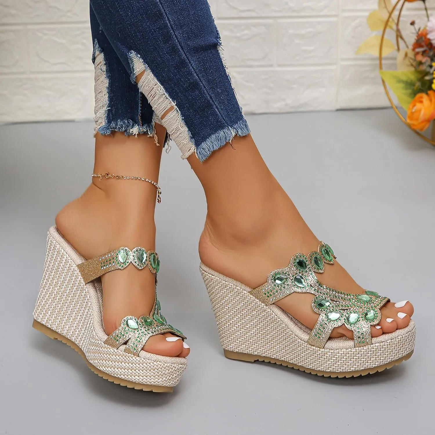 Women Rhinestone Wedge Sandals Summer Bohemian Open Toe High Platform Slides Slip on Beach Sandals Casual Dress Shoes