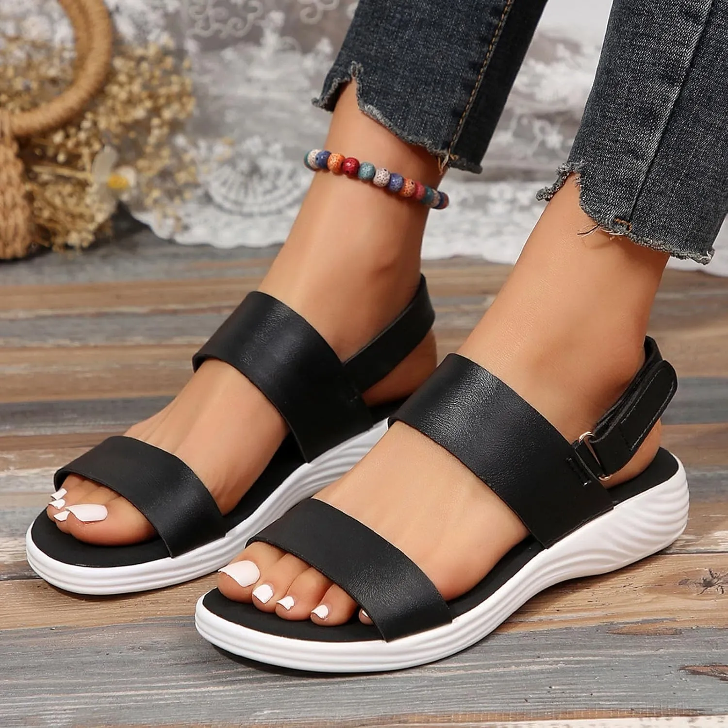 Women Solid Thick Strappy Sandals Hook and Loop Casual Summer Shoe Orthopedic Spring Comfy Sandal Arch Support Shoes