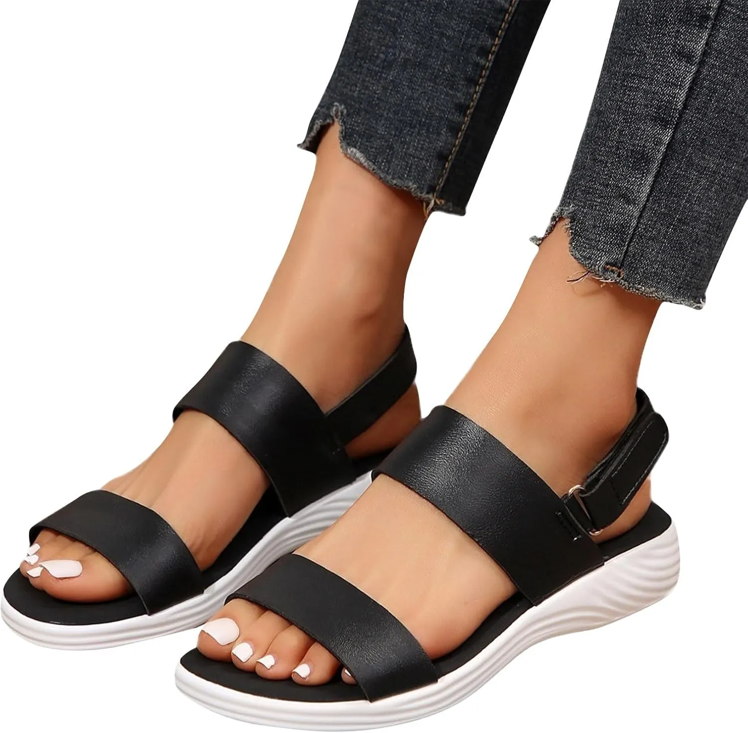 Women Solid Thick Strappy Sandals Hook and Loop Casual Summer Shoe Orthopedic Spring Comfy Sandal Arch Support Shoes