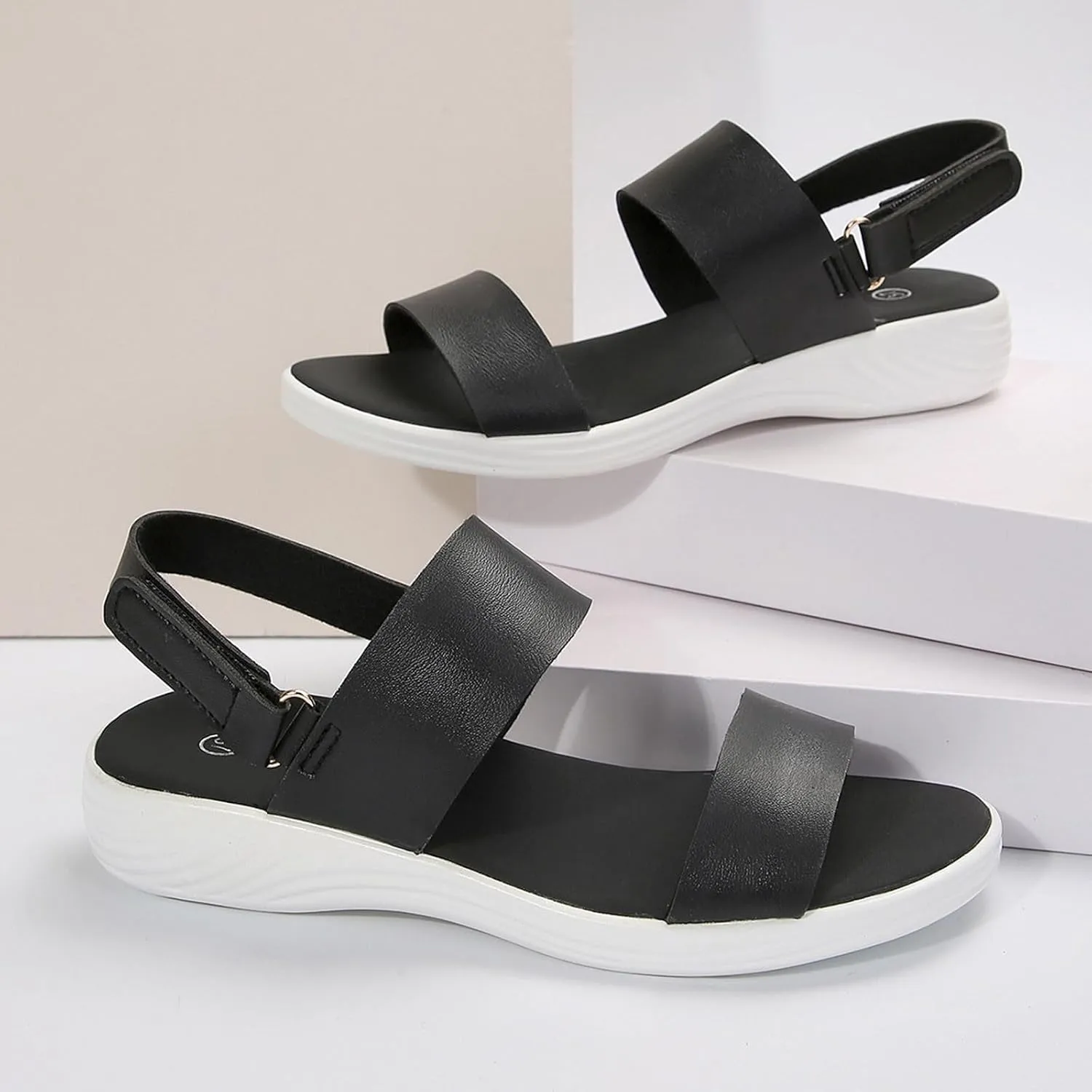 Women Solid Thick Strappy Sandals Hook and Loop Casual Summer Shoe Orthopedic Spring Comfy Sandal Arch Support Shoes