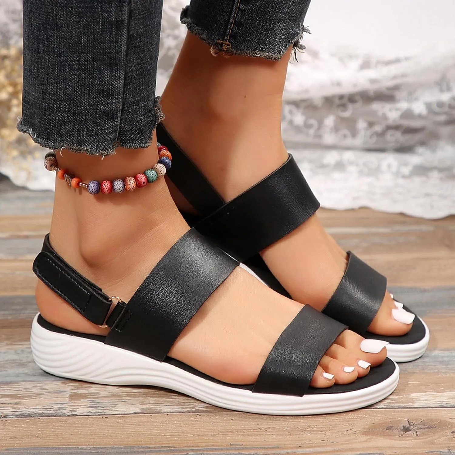 Women Solid Thick Strappy Sandals Hook and Loop Casual Summer Shoe Orthopedic Spring Comfy Sandal Arch Support Shoes
