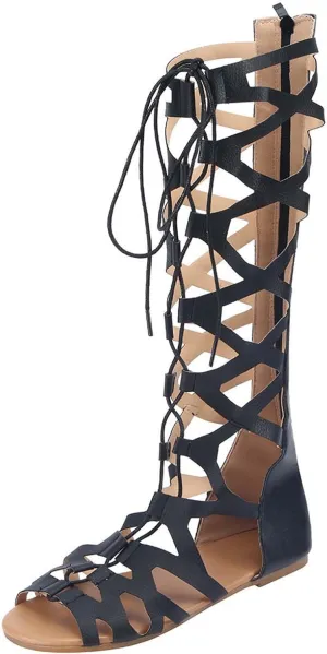 Women Strappy Sandals Gladiator Flat Sandals Summer Beach Sandal Lace Up Open Toe Knee High Flat Roman Sandal Shoes