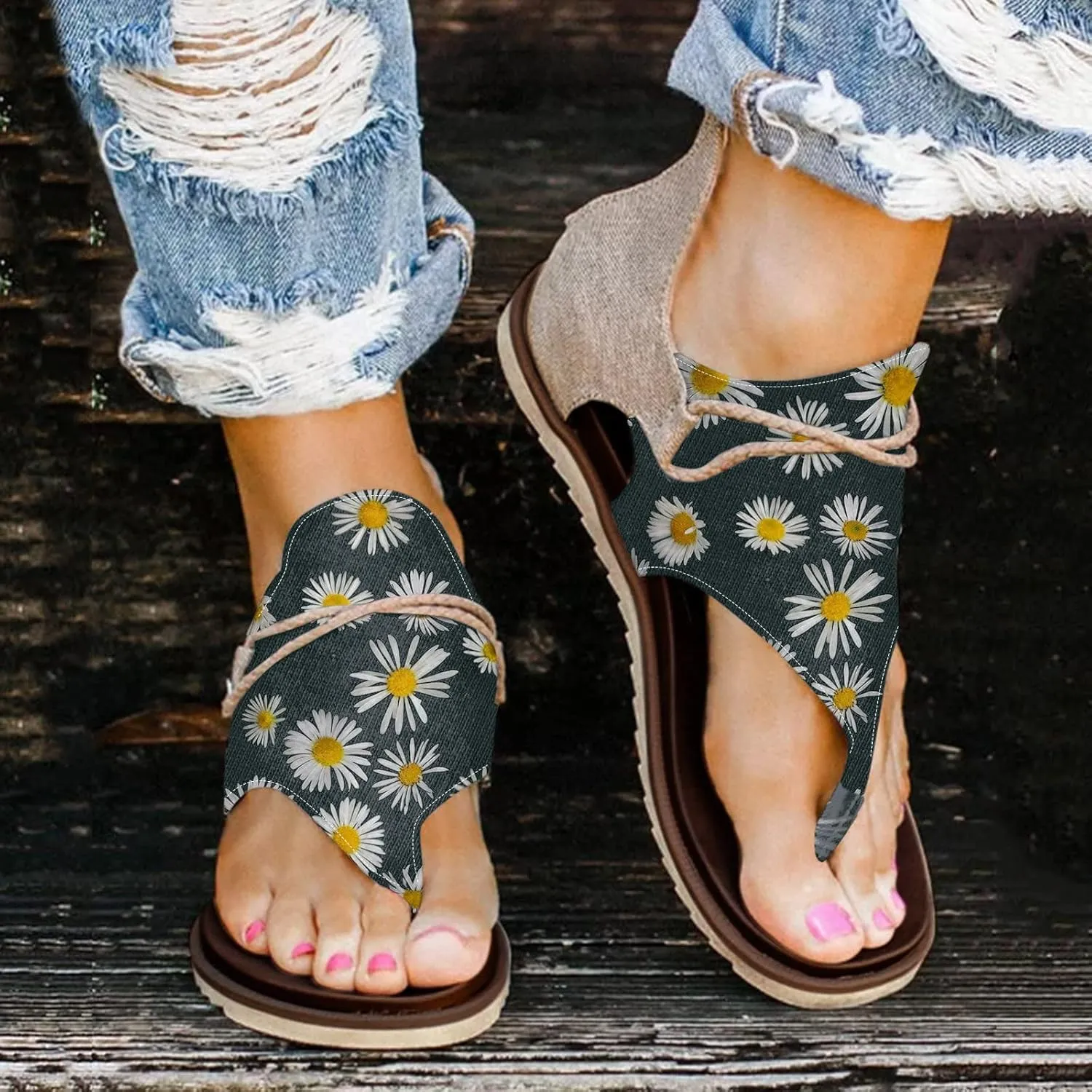 Women Thong Sandal Flower Print Canvas Casual Shoes Zipper Back Slip On Flats Thick Sole Flip Flops For Women