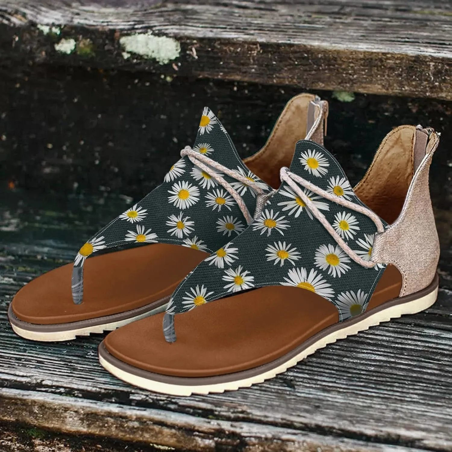 Women Thong Sandal Flower Print Canvas Casual Shoes Zipper Back Slip On Flats Thick Sole Flip Flops For Women