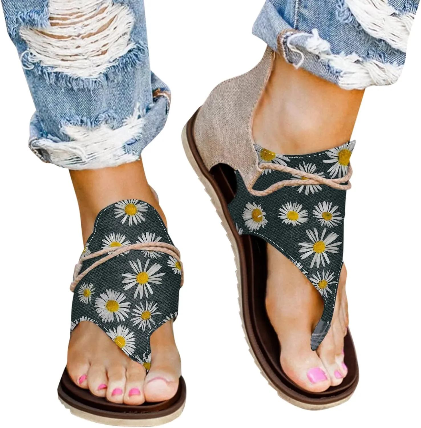 Women Thong Sandal Flower Print Canvas Casual Shoes Zipper Back Slip On Flats Thick Sole Flip Flops For Women