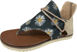 Women Thong Sandal Flower Print Canvas Casual Shoes Zipper Back Slip On Flats Thick Sole Flip Flops For Women