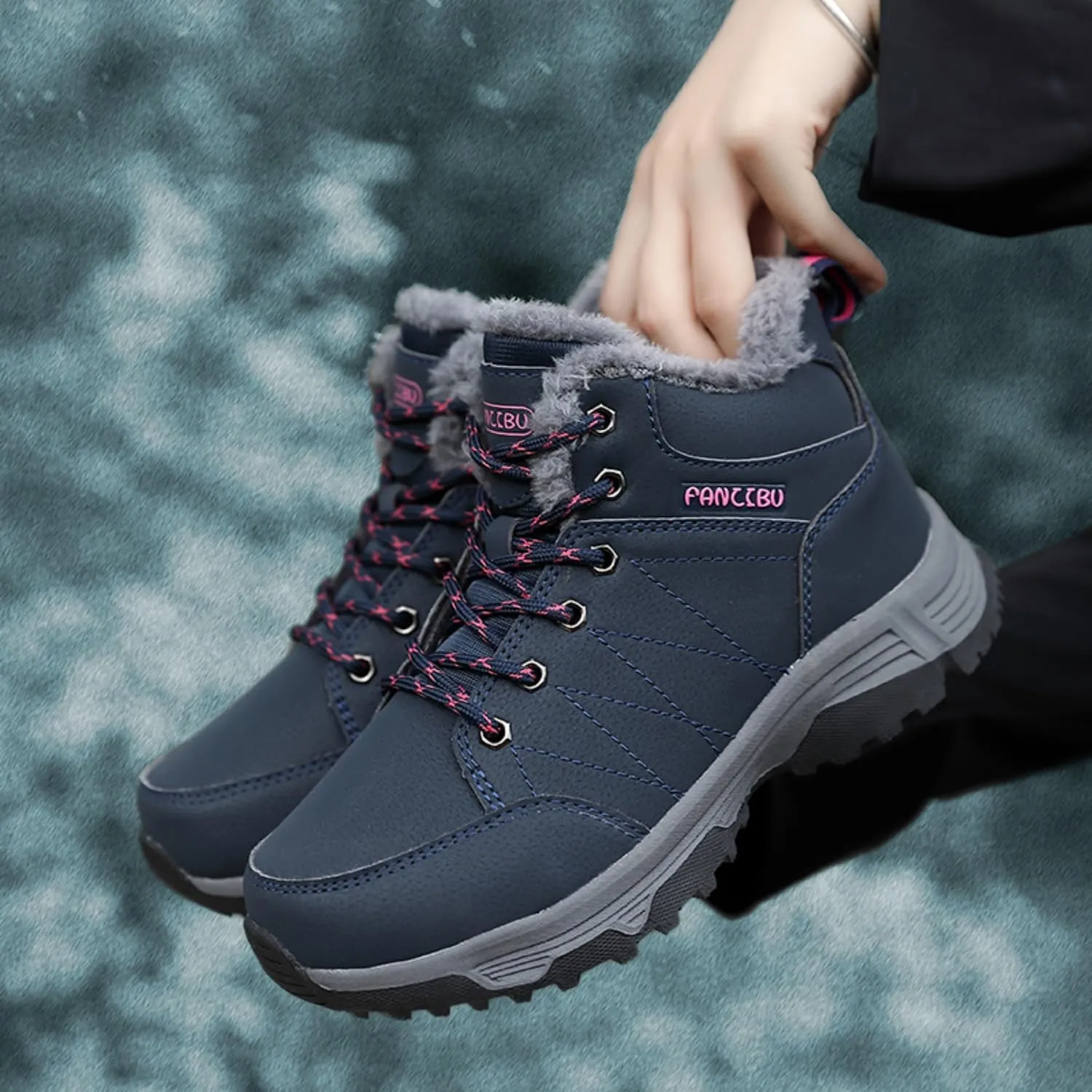 Women Waterproof Winter Ankle Snow Boots Non-Slip Hiking Boots with Warm Fur Lined Winter Walking Boots Sneakers Wide Width Outdoor